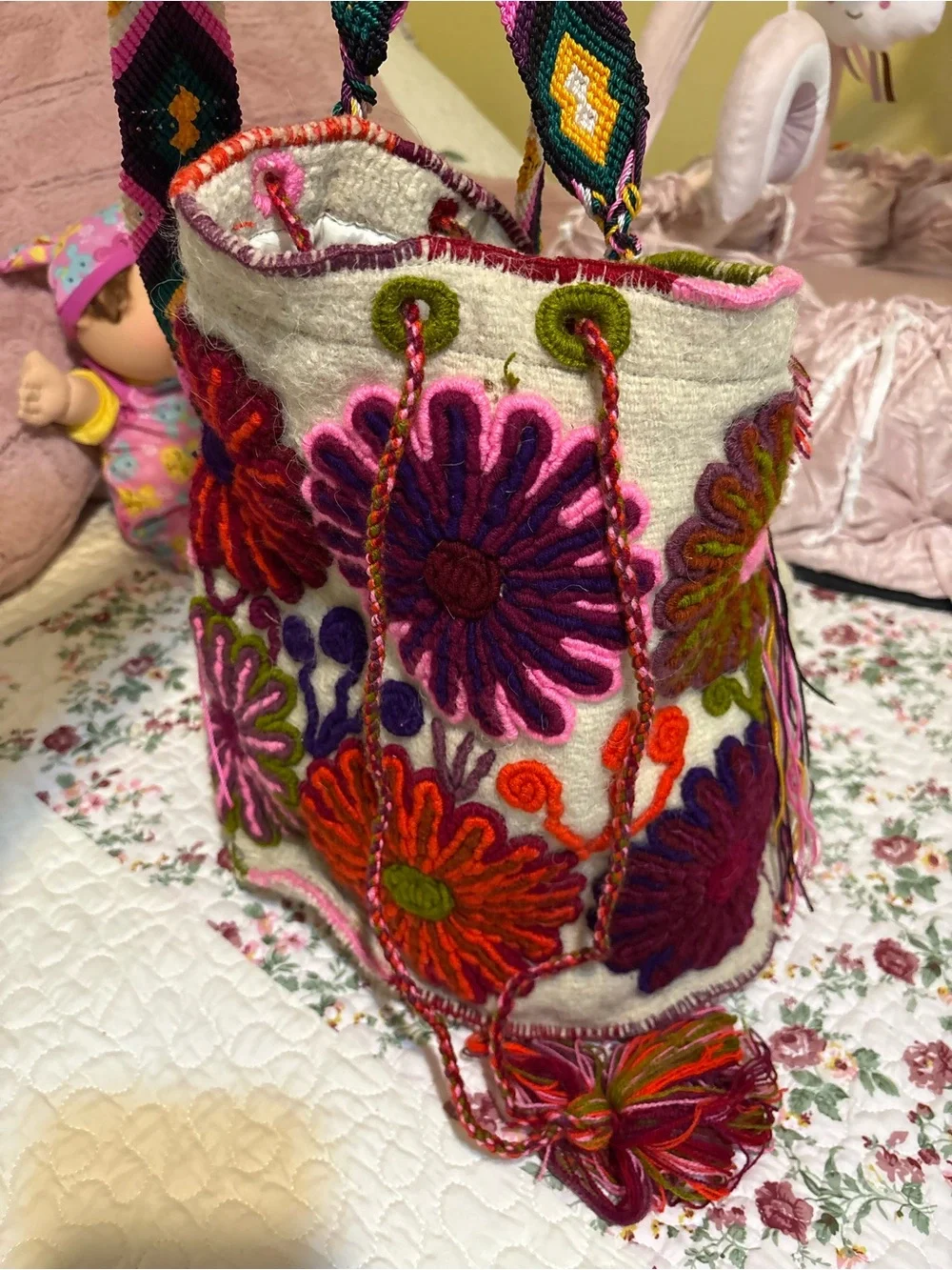 Handcrafted Floral Embroidered Shoulder Bag - Pink & Multicolor
